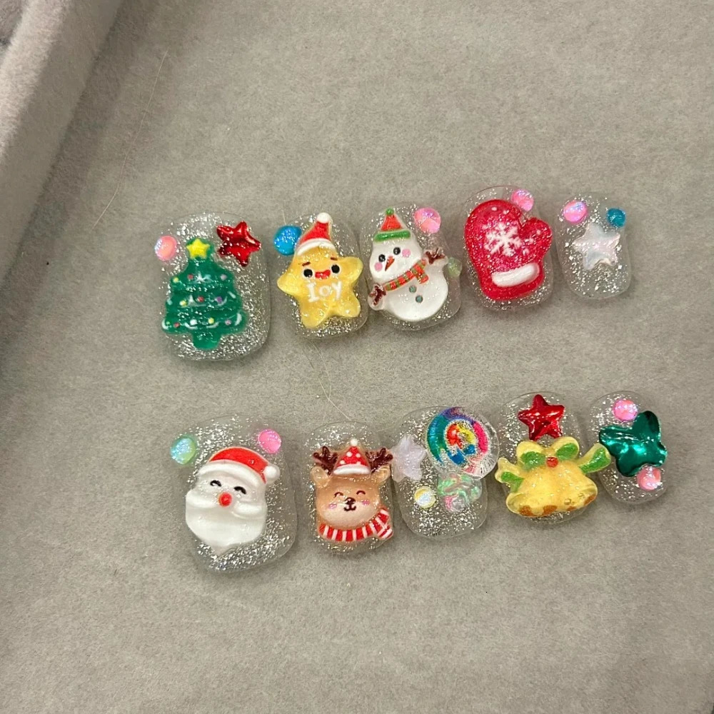 10 handmade pressed nails Christmas cute gingerbread mens short square fake nails womens gift n art 241031