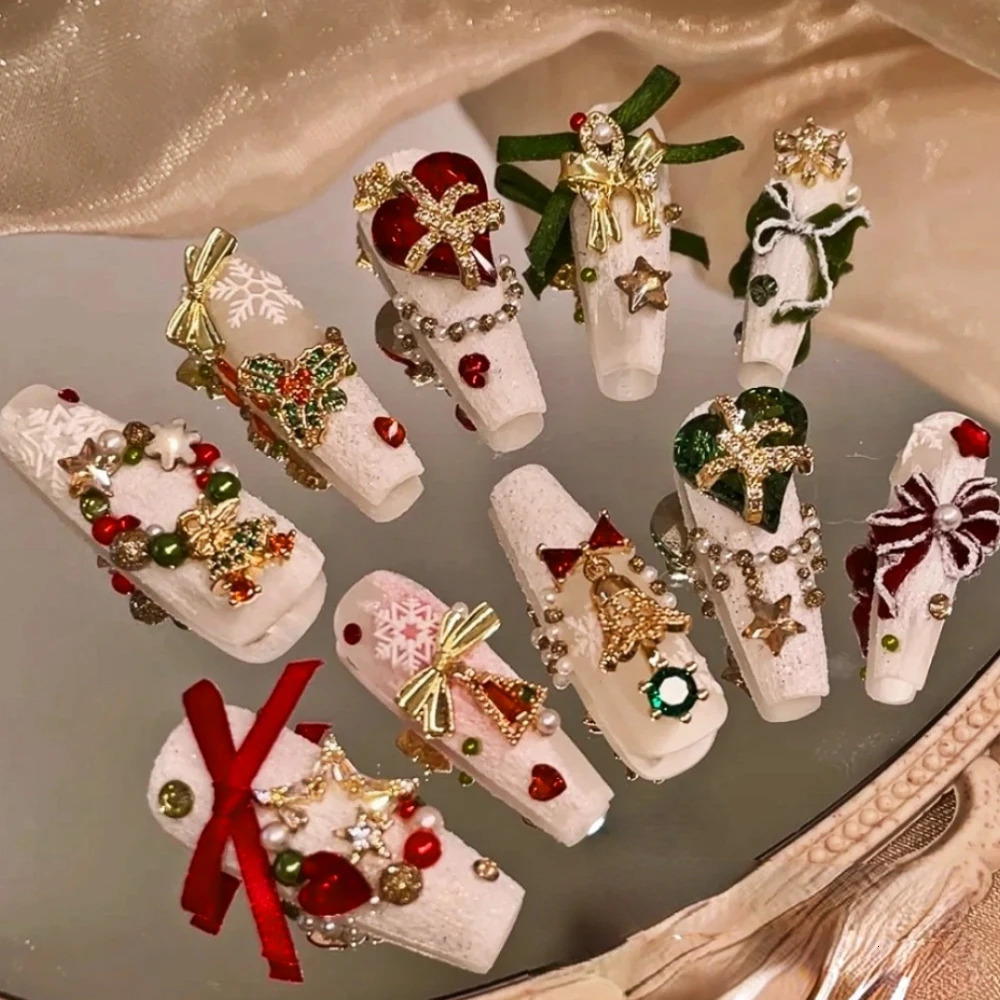 10 Handmade Pressing Christmas Nails Cute 3D Snowman Long Coffin Co. Ltd. Fake Nail n Art DIY Nail Set 241031