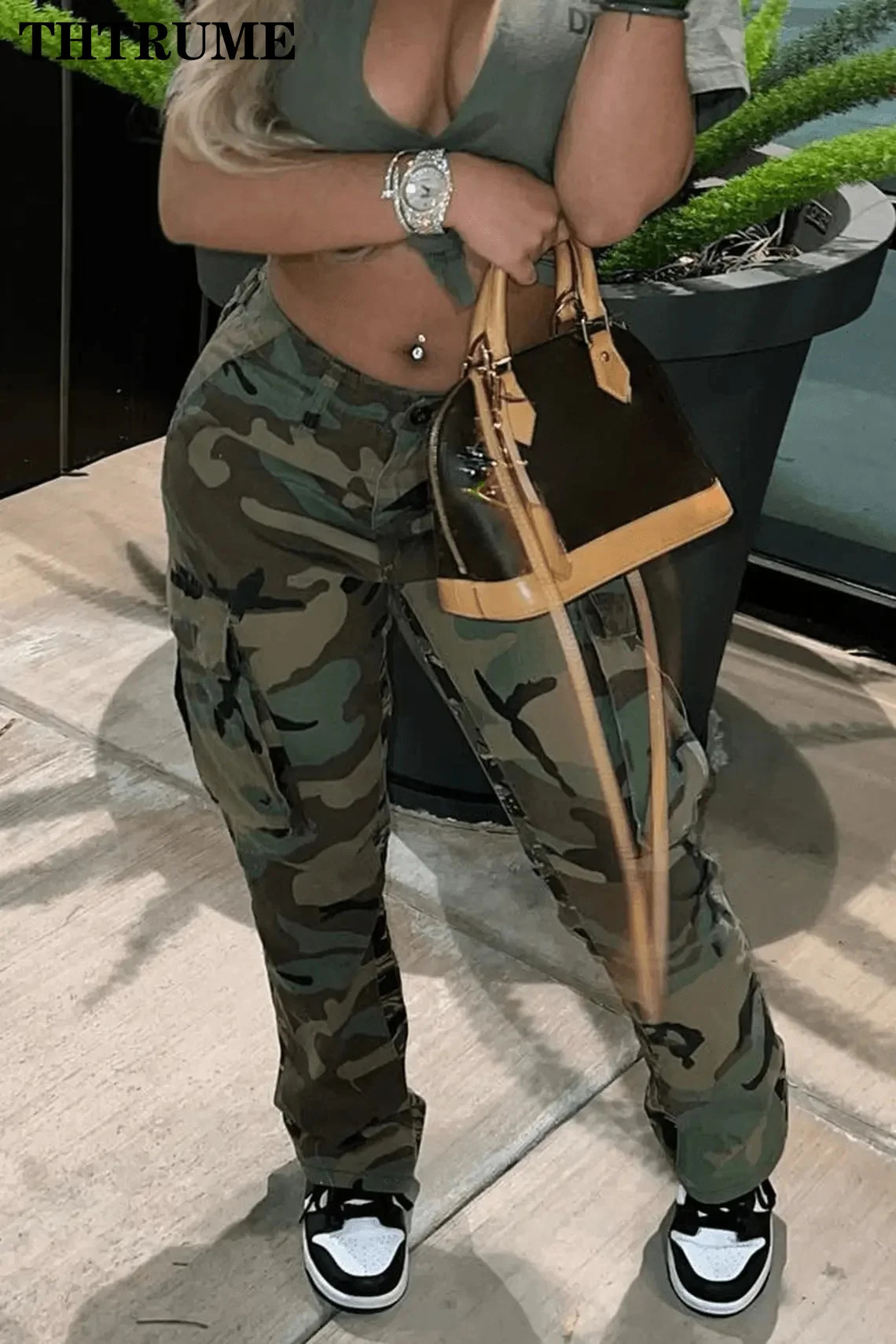 Fashionable womens high waisted pants elegant straight retro Y2K pocket camouflage cargo pants casual office womens fashion Trousers 241031