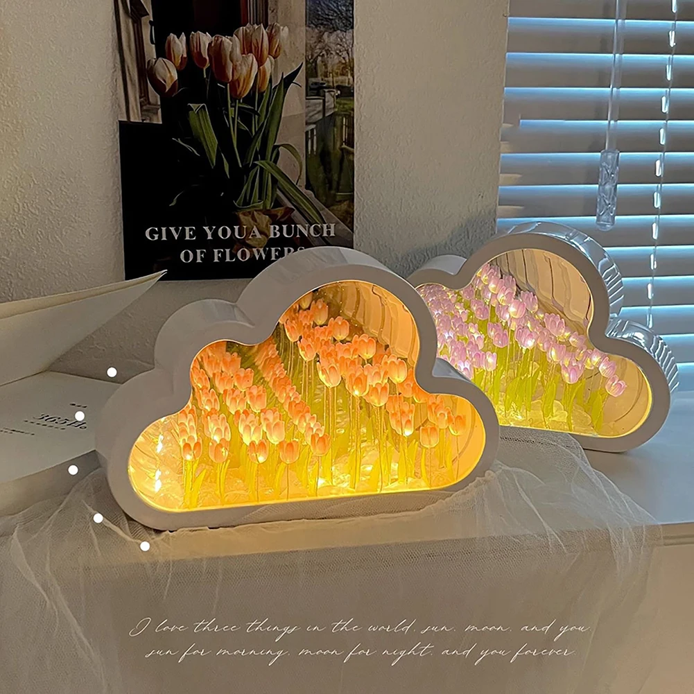 Tulip Cloud Lamp For Bedroom DIY Tulip Cloud Mirror Night Lights Ornaments For Home Decor Birthday Chirstmas Gifts
