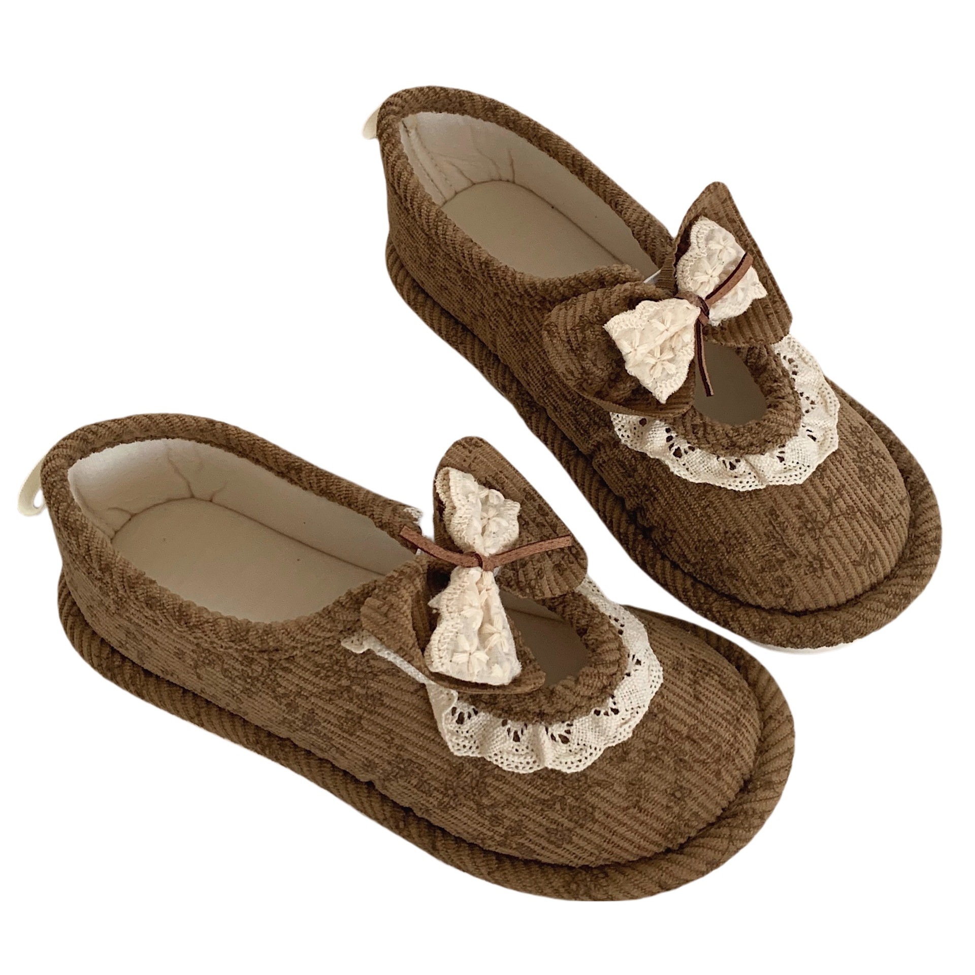 Vintage lace bow Family Slippers Women Girls Cute fluffy winter warm plush indoor flats Bedroom slide casual women's cotton slippers