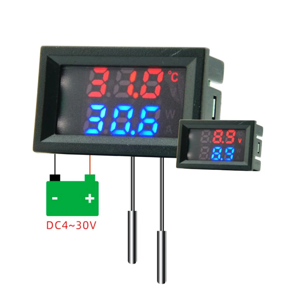 Digital Dual Display Voltmeter Meter DC4-30V Voltage Tester Temperature Sensor With 1m NTC 10K Probe Temp Detector