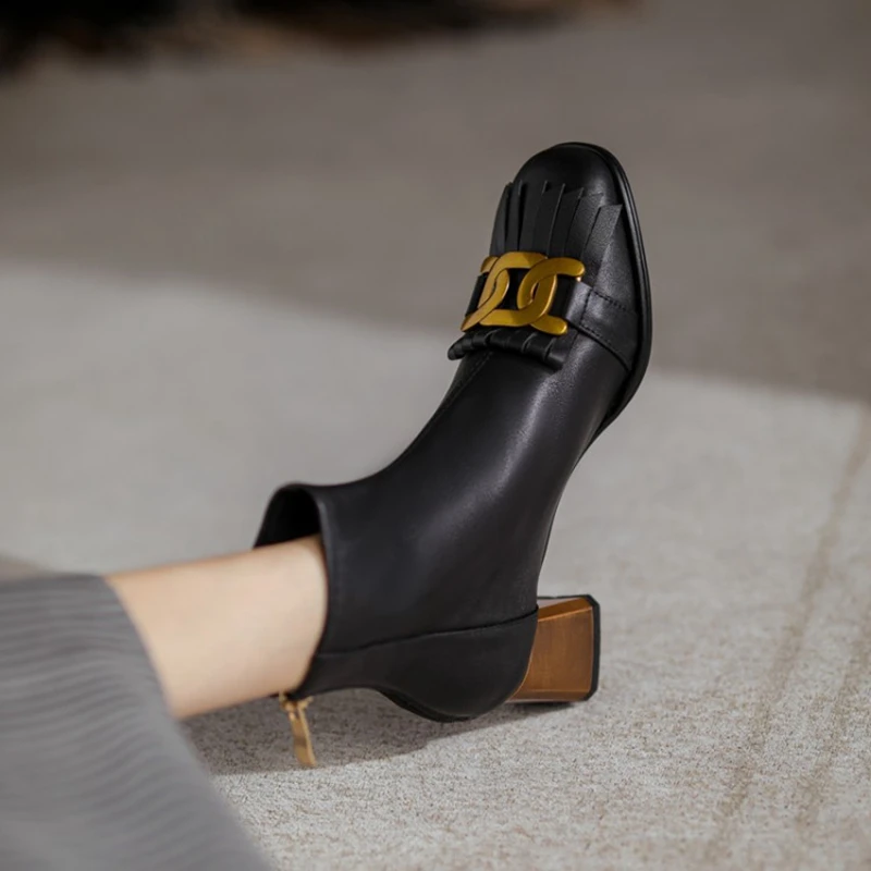 SALE HOT Tassel Metal Buckle Cute Genuine Leather for Short Chunky Boots Black Women Shoes e07c
