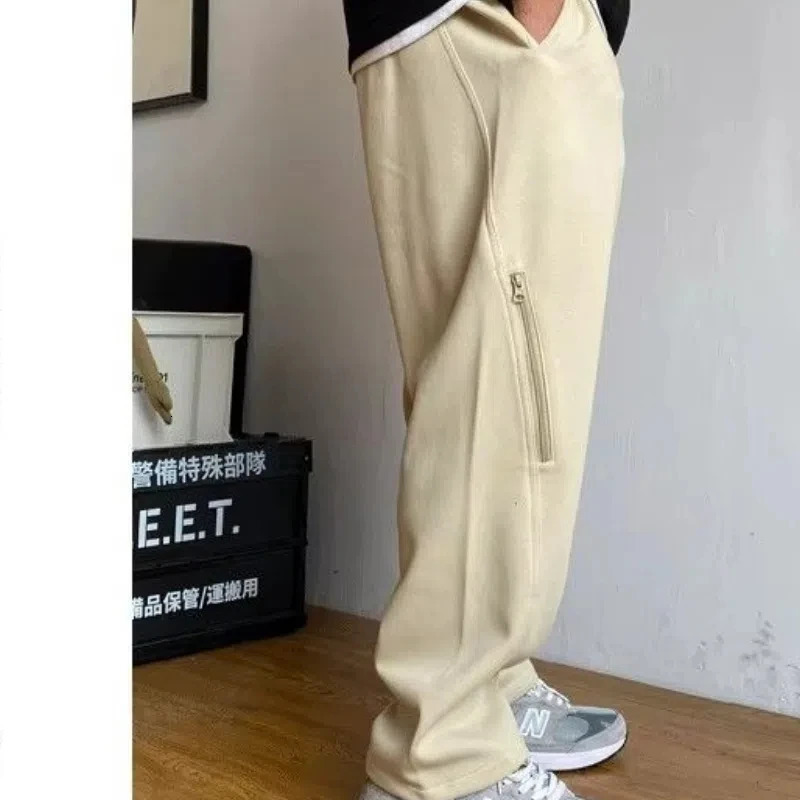 Spring and autumn mens solid color elastic high waist pocket zipper casual fashion goods drawstring pants 241030