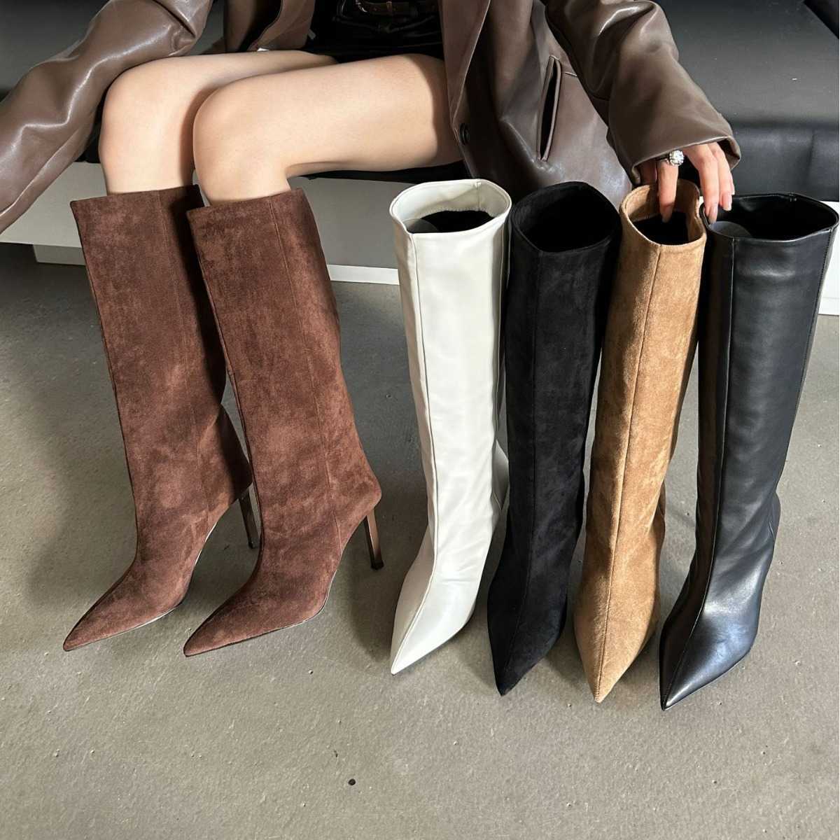 CMM Sharp Pointed and Trendy Suede High Heeled Long Tube Boots for Women Autumn and Winter New Straight Tube Large Tube Circumference Slim Boots and S