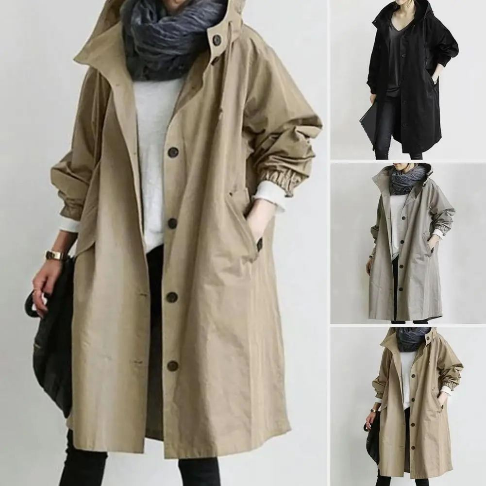Womens trench coat elegant double chest womens coat lightweight windproof solid color womens medium length jacket 241031