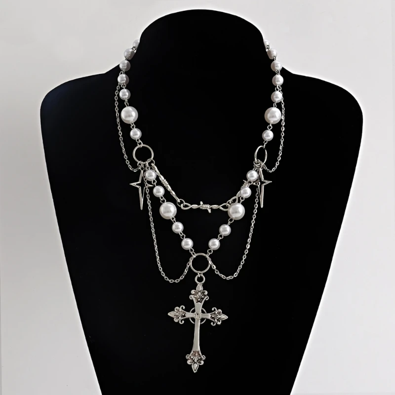 Victorian Gothic Cross Rosary Necklace With Chain Charm Handmade Sacred Pearl Beaded Necklace Layered Necklace