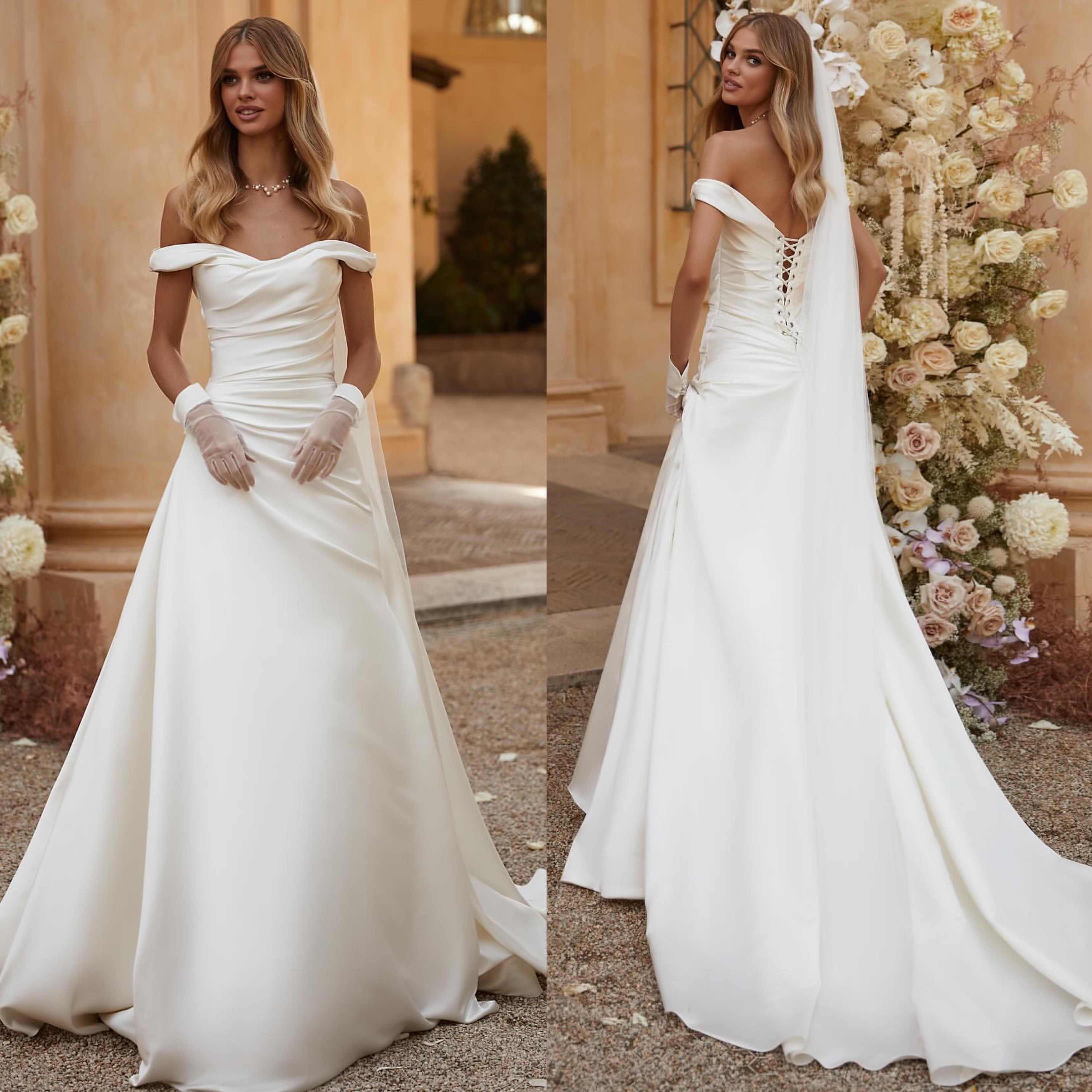 Milla Nova A e Dress For Bride Off Shoulder Satin Country Wedding Dresses Backless Pleats Vestidos De Novia Designer Boho Bridal Gowns