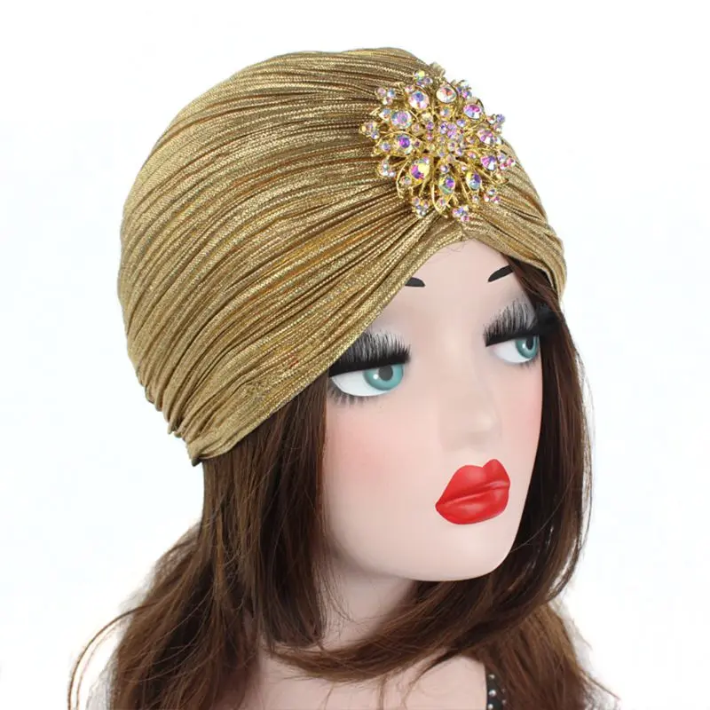 Women Indian Turban Hat Head Wrap Pleated Soft Velvet Hair Hijab Cap with Brooch