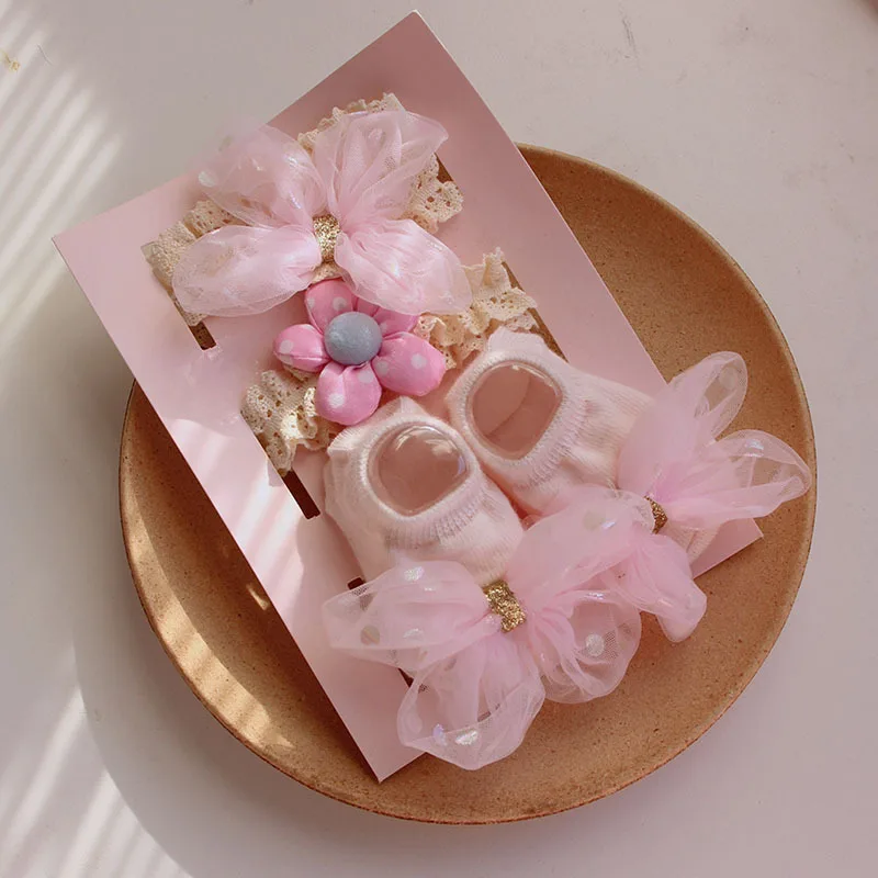 3Pcs/Set Lace Flower Baby Girl Headband Socks Set Cute Floral Crown Bows Newborn Hair Band Turban Kids Hair Accessories