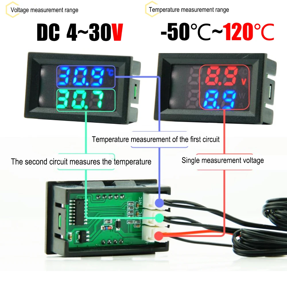 Digital Dual Display Voltmeter Meter DC4-30V Voltage Tester Temperature Sensor With 1m NTC 10K Probe Temp Detector