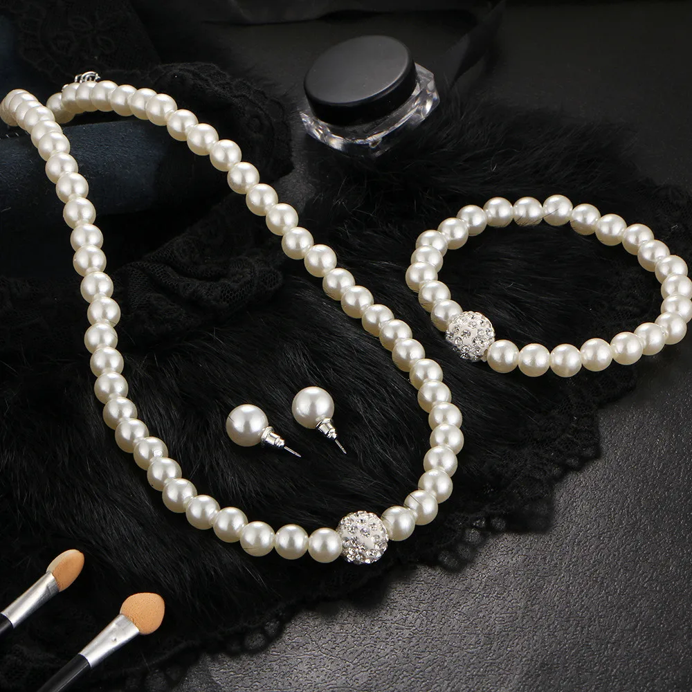 Vintage Simple Faux Pearl Necklace Earrings Jewelry Set for Women Temperament Regency Crystal Choker Banquet Wedding Accessorie