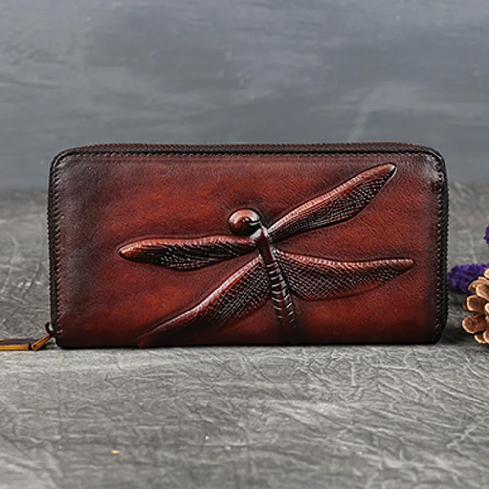 Women Long Wallet Zipper Purse Genuine Leather ID/Credit Card Cash Holder Dragonfly Design Retro Female Cowhide Money Clutch Bag