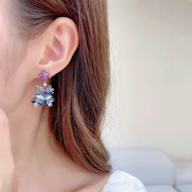 Sparkling star bow earrings pendant crystal Christmas bell earrings Year jewelry gifts personalized cubic zirconia pendant earrings 241031