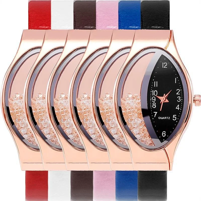 Elegant Women Crystal Oval Dial Quartz Wrist Watches Lady Leather Strap Casual Watch Gift