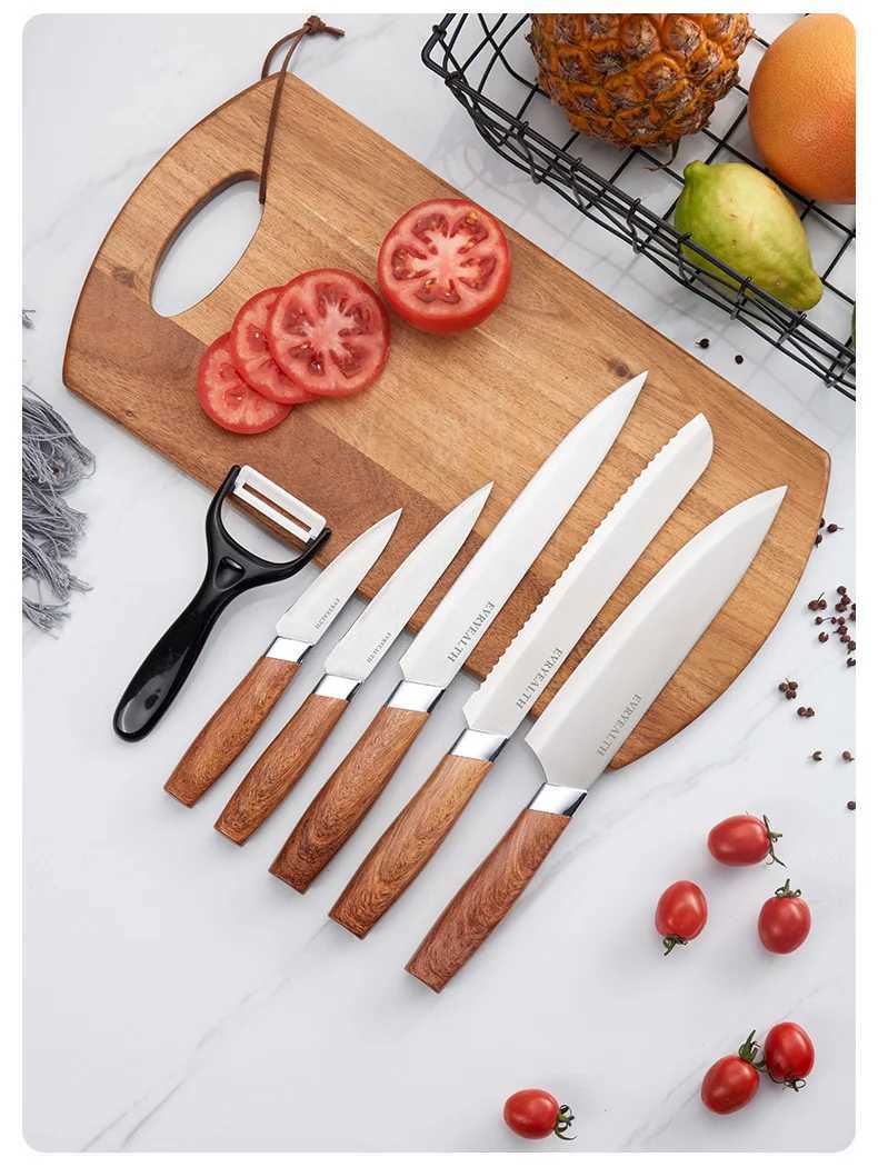 6-piece knife block set made of high carbon stainless steel with wooden pattern PP handle kitchen knife set X241102
