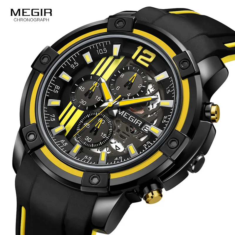 Megir Men's Sports Quartz Watches Army Military Chronograph Wristwatch for Man Luminous Relogios Masculino Clock 2097 Black Red
