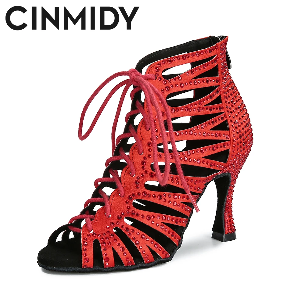 CINMIDY Black Dance Shoes For WomenT ango Salsa Latin Dance Shoes Cuban Heel Ballroom Dance Boots Red Party Shoes For Dancing