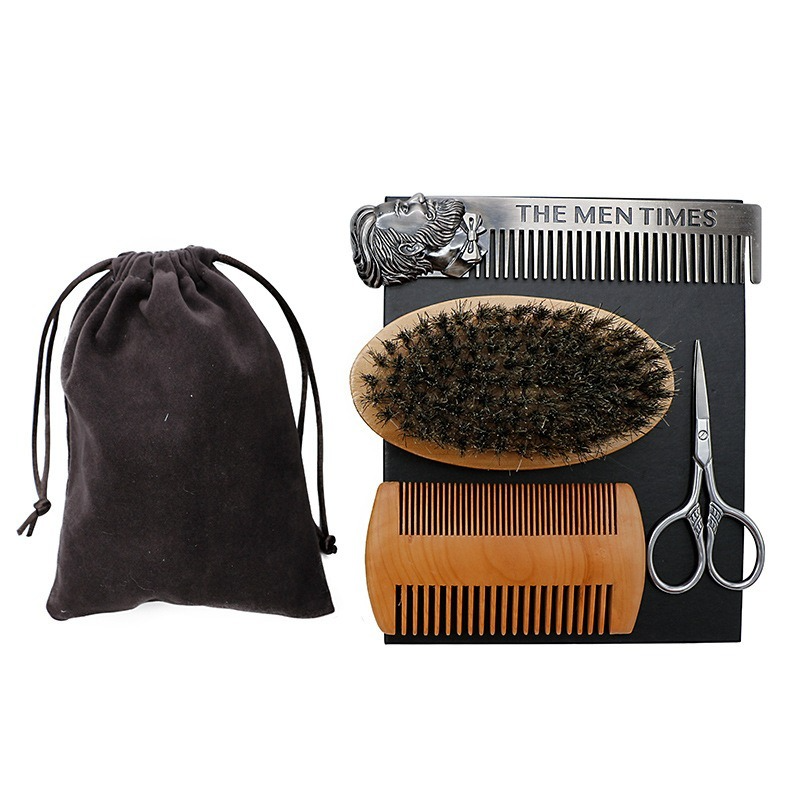 Professional Soft Boar Bristle Wood Beard Comb Hairdresser Shaving Brush Tools Men Mustache Comb Kit Gift Bag Free Shipping
