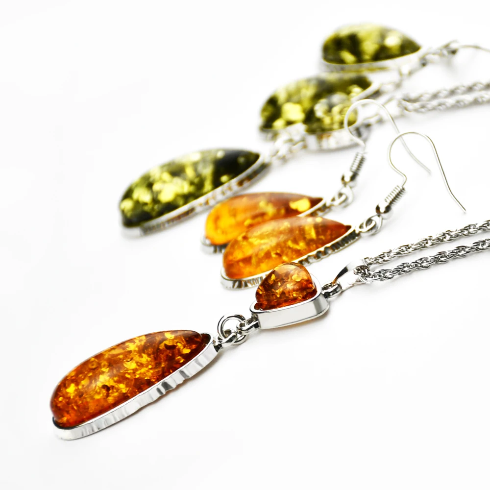 Yumfeel New Amber Pendant Necklace & Earrings Women Vintage Boho Vintage Jewelry Set