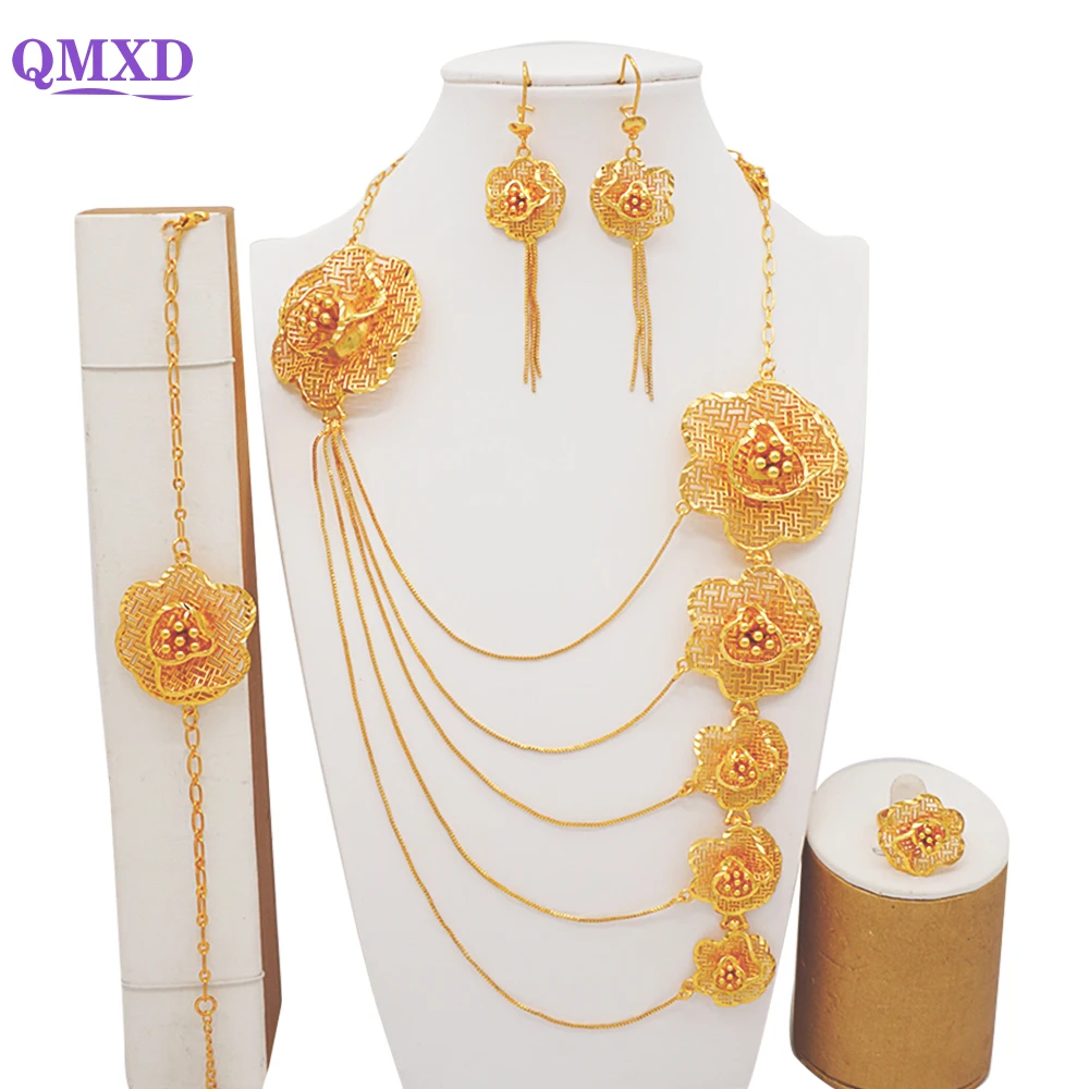 Indian Dubai Big Gold Color Jewelry Sets For Women Moroccan Earring Necklace Ring Party Wedding Bridal Accessories