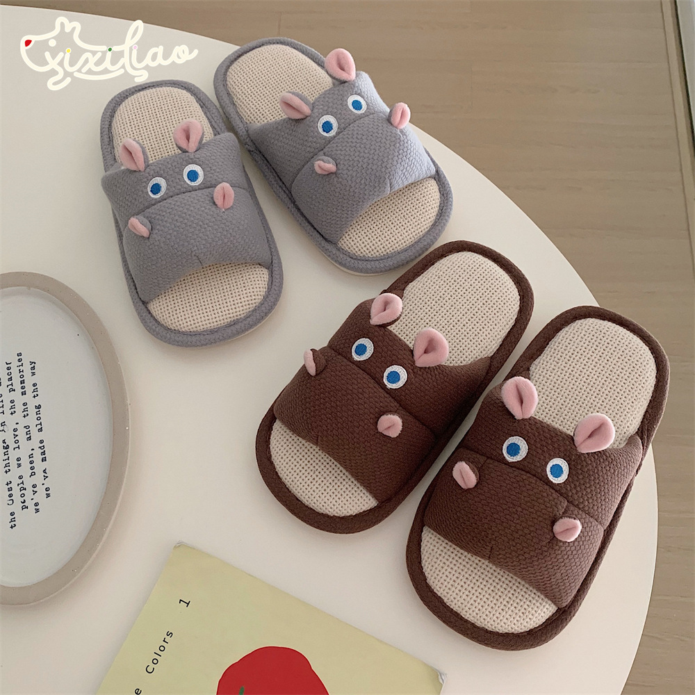 Casual fluffy slippers Ladies home flats Creative Cute Hippo linen girls Fashion Winter slippers House warm shoes