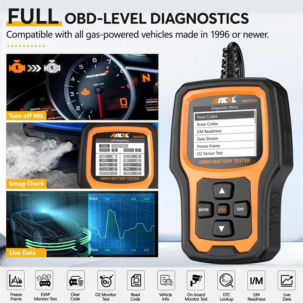Ancel AD410pro OBD2 Scanner 6V 12V Automotive Battery Tester ODB2 Code Reader Erase Error Codes Check Engine Car Diagnostic Tool