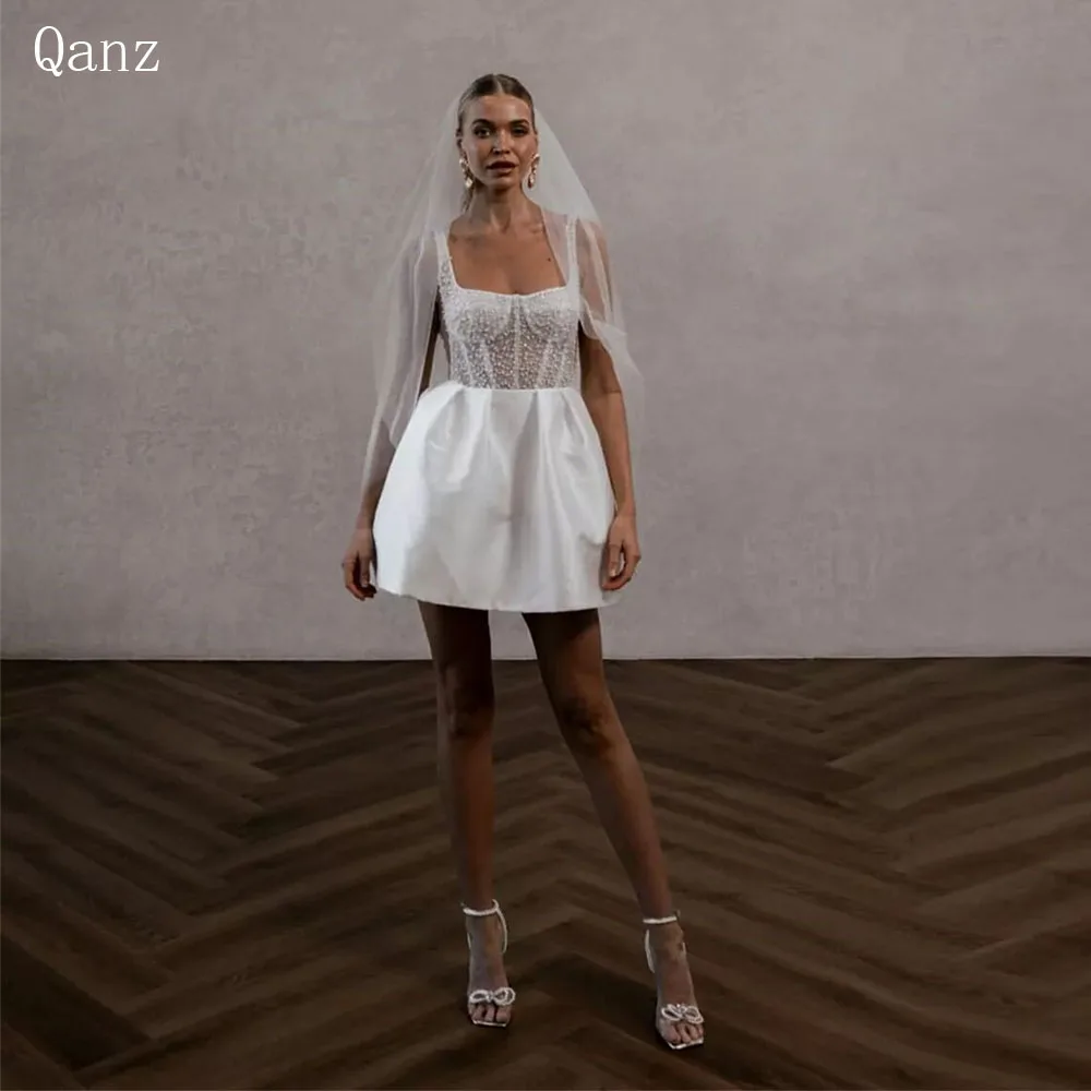Qanz Pearls Satin Short Wedding Dresse new Spaghetti Straps Above Knee Length Bridal Gowns Robe De Mariage 2025 2024 Cooktail Party Dress