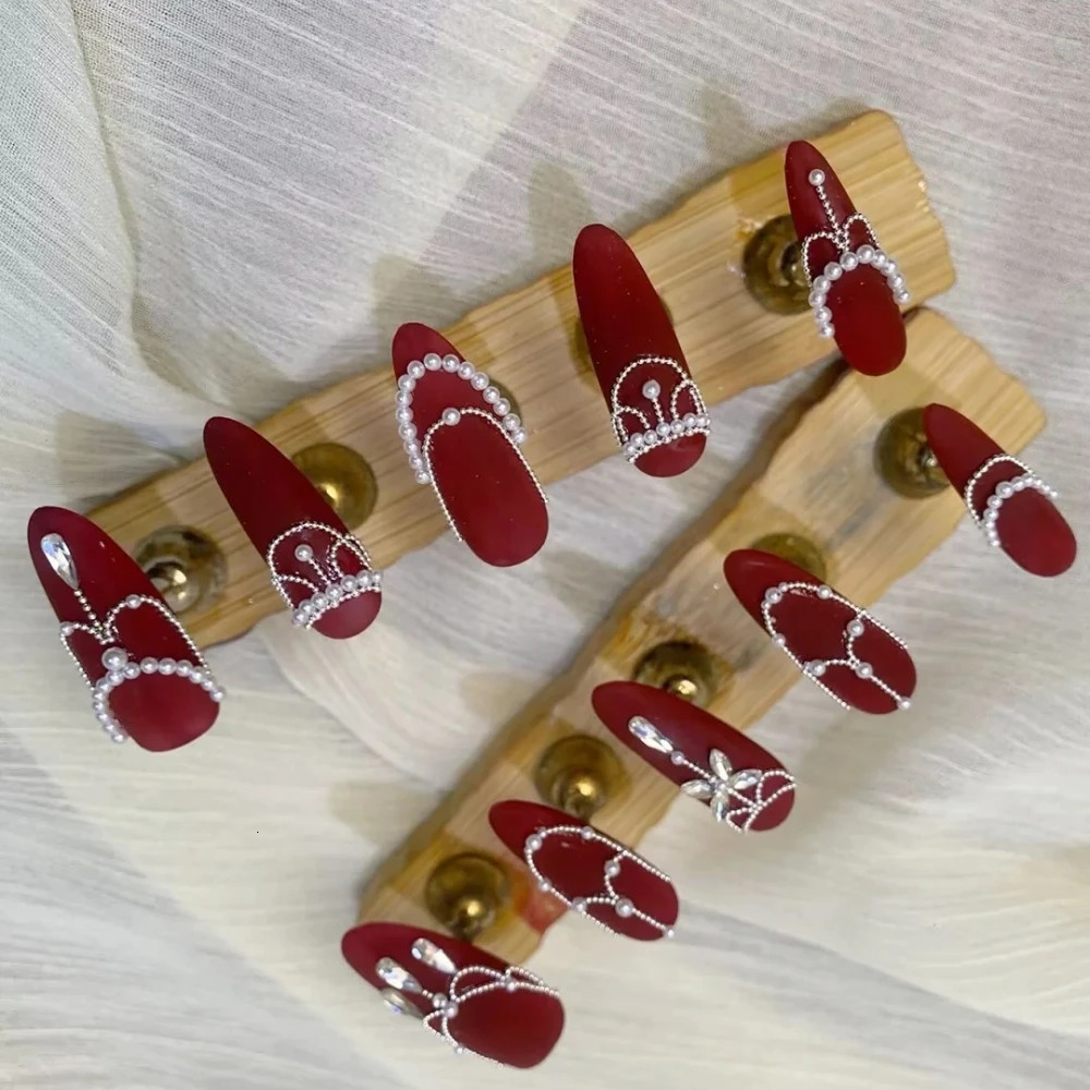 10 handmade pressed nails handmade long almond fake nails Christmas and Year limited edition red diamond nail n with set 241031