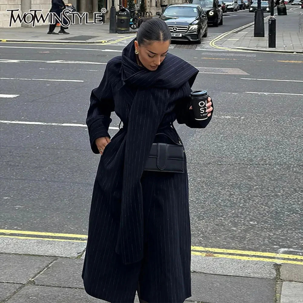 TWOTWINSTYLE Womens Solid Temperature Trench Collar Long Sleeve Splicing Work Belt Minimalist Long Coat Womens Fashion Style 241031