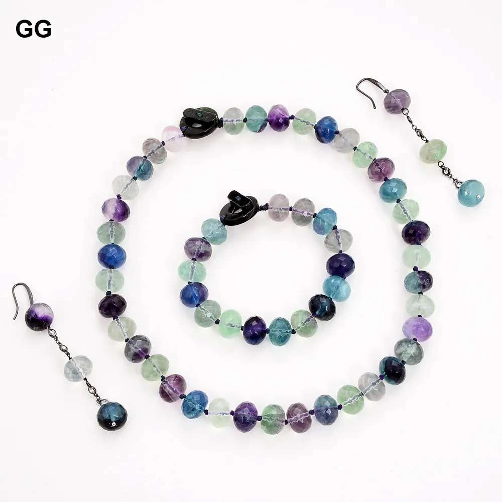 GG Natural Green Purple Facial Rondelle Fluorite Gemstone Necklace Bracelet Earring Set 241031