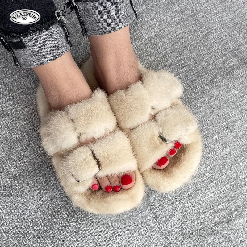 Summer womens slippers 100% mink fur womens slippers flat shoes soft and comfortable ious fur slippers sandals 241031