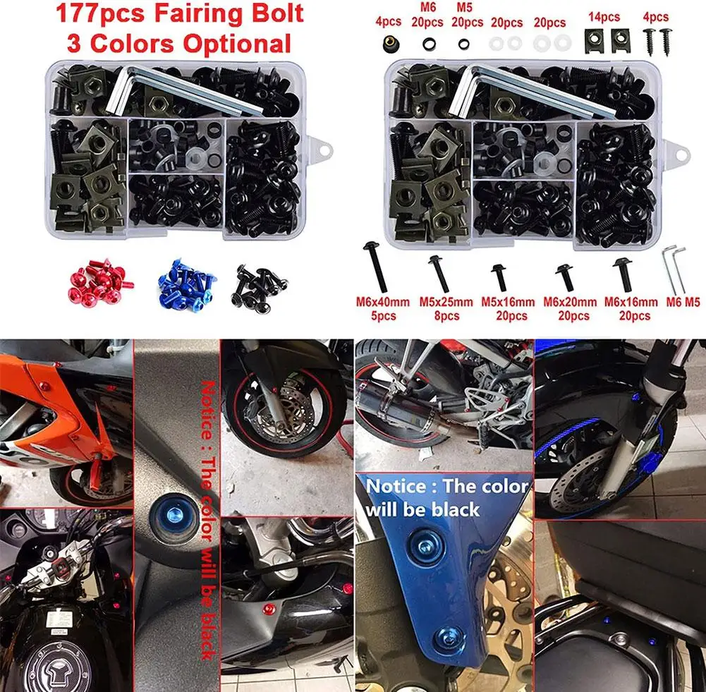 177pcs/box Aluminum Windscreen Screws Colorful Fasteners Screws Set Motorcycle Fairing Bolt Kit Motorcycle Modified Parts