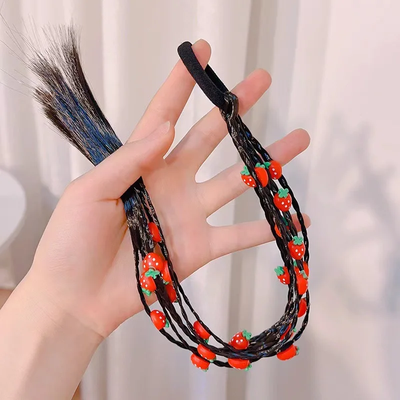 1PC New Lovely Girls Colored Strawberries Wigs Ponytail Headbands Rubber Bands Hair Bands Headwear Kids Hair Accessories