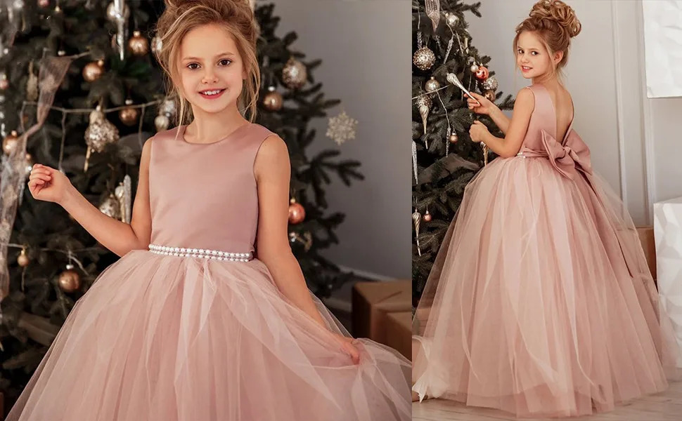 Flower Girls Dresses Tulle Princess Pageant Dress For Wedding Kids Pearls Prom Ball Gowns With Bowknot Girl 240403