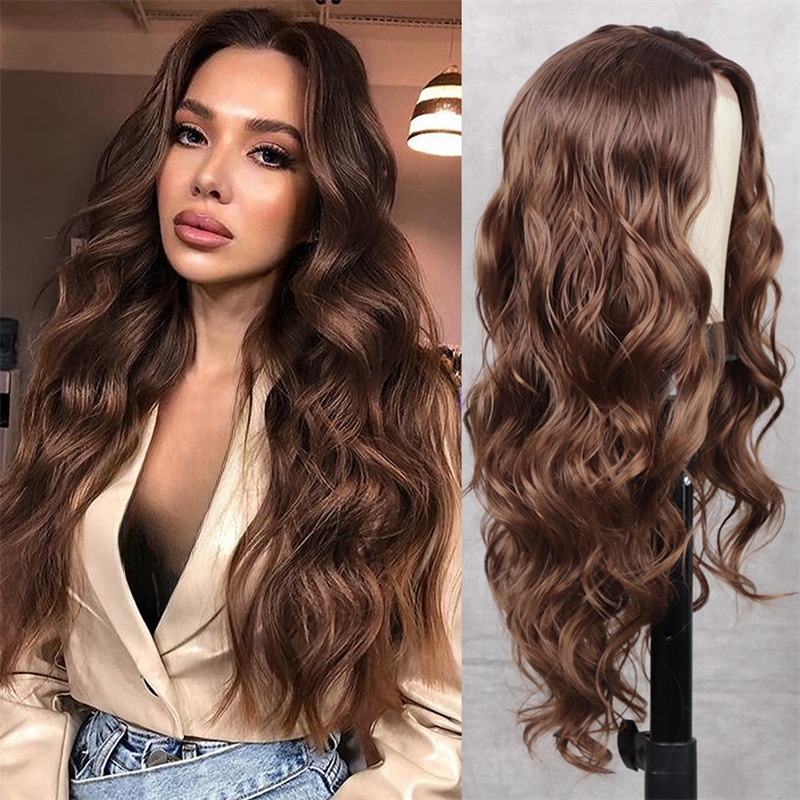 Wigs human hair Wig for women with middle-parted long curly hair Synthetic Wigs black big wave chemical fiber full headpiece