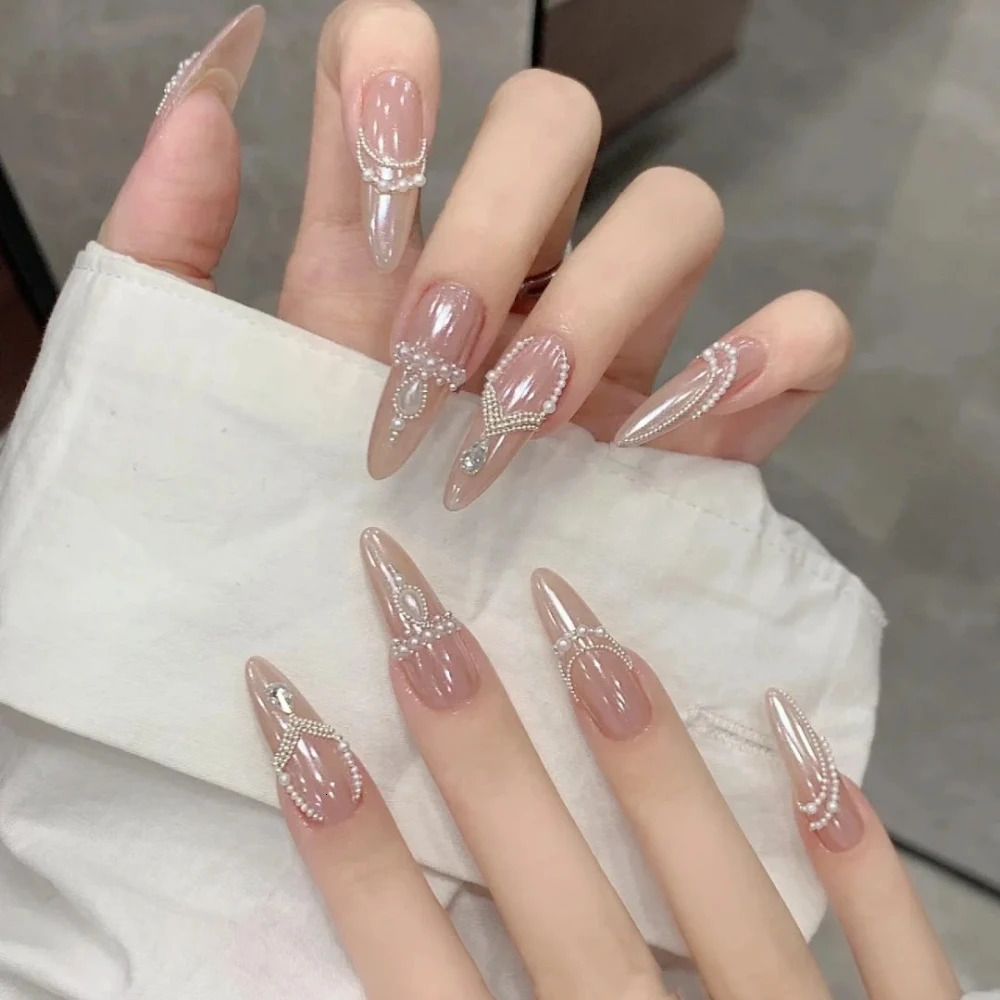 10 handmade pressed nails handmade medium almond fake nails Christmas and Year limited edition shiny and elegant nail n with set 241031