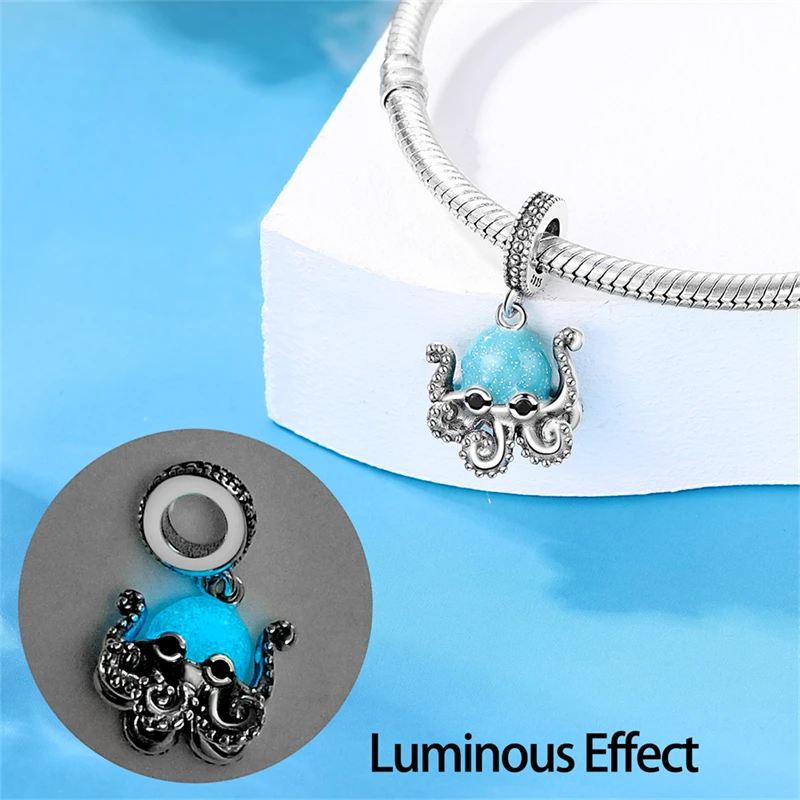 2023 New in Blue Sea Animal Glow Charm Beads Fits Pandora 925 Original Bracelet Silver Pendant Bead DIY Women Luxury Jewelry Hot