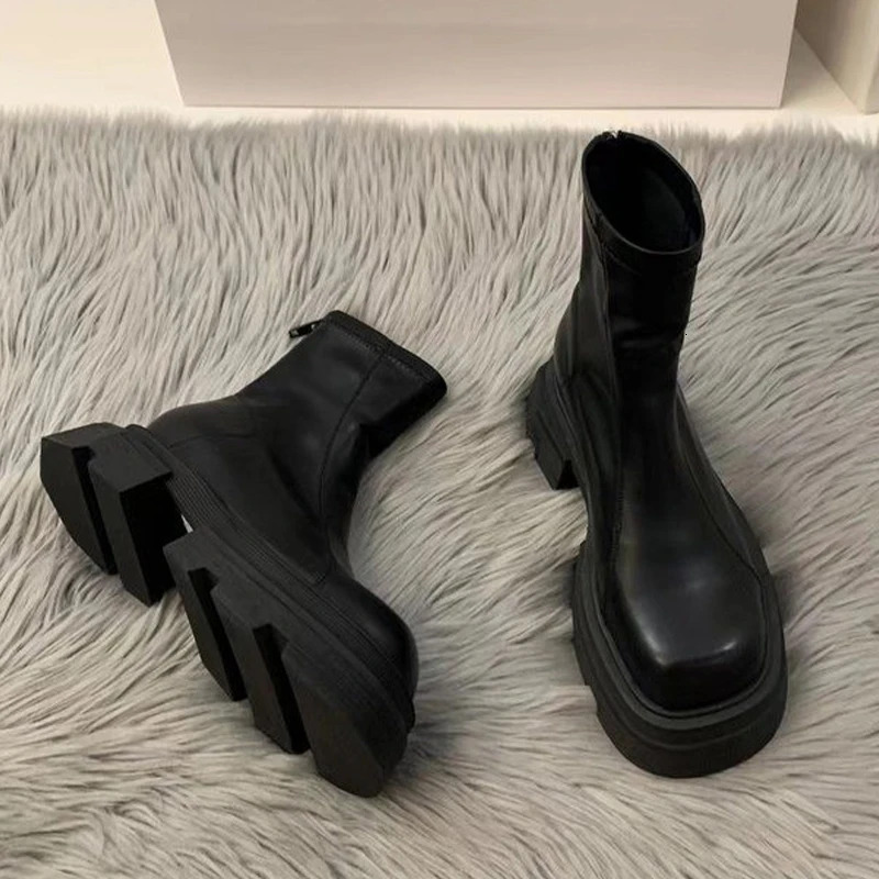 Ankle Mid Heels Winter New Fashion Platform Zipper Goth Casual Motorcycle Boots Women Thick Shoes