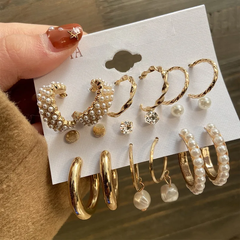 9 pairs Gold Color Pearl Earring Sets Hoop Earrings Creative Simple Party Earrings Vintage Circle Hoop Earring Party Jewelry New