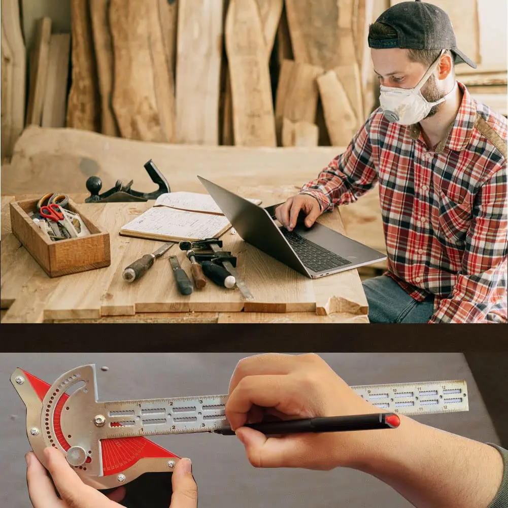 Woodworking Scriber, T Shaped Woodworking Multifunctional Ruler, Aluminum Alloy Marking Measuring Gauge - Metric