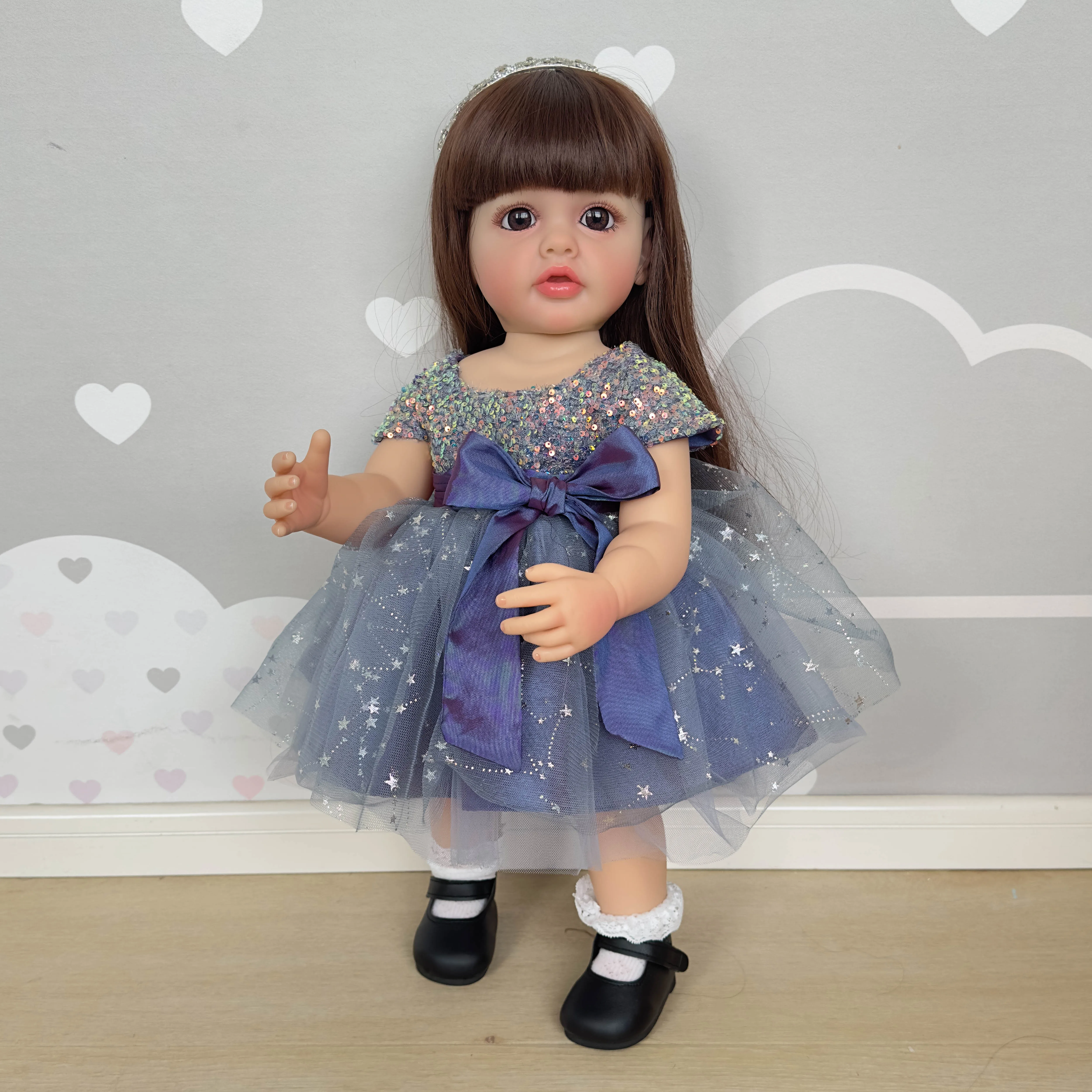 NPK 22inch Full Body Standing Toddler Girl Doll Reborn Princess Betty Long Hair in Dress Soft Cuddly Body Gifts for children