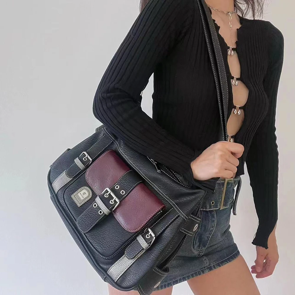 Women Vintage Messenger Bag Y2K PU Leather Contrast Color Shoulder Bag Multi-Pocket Versatile Satchel Girl Quality Crossbody Bag