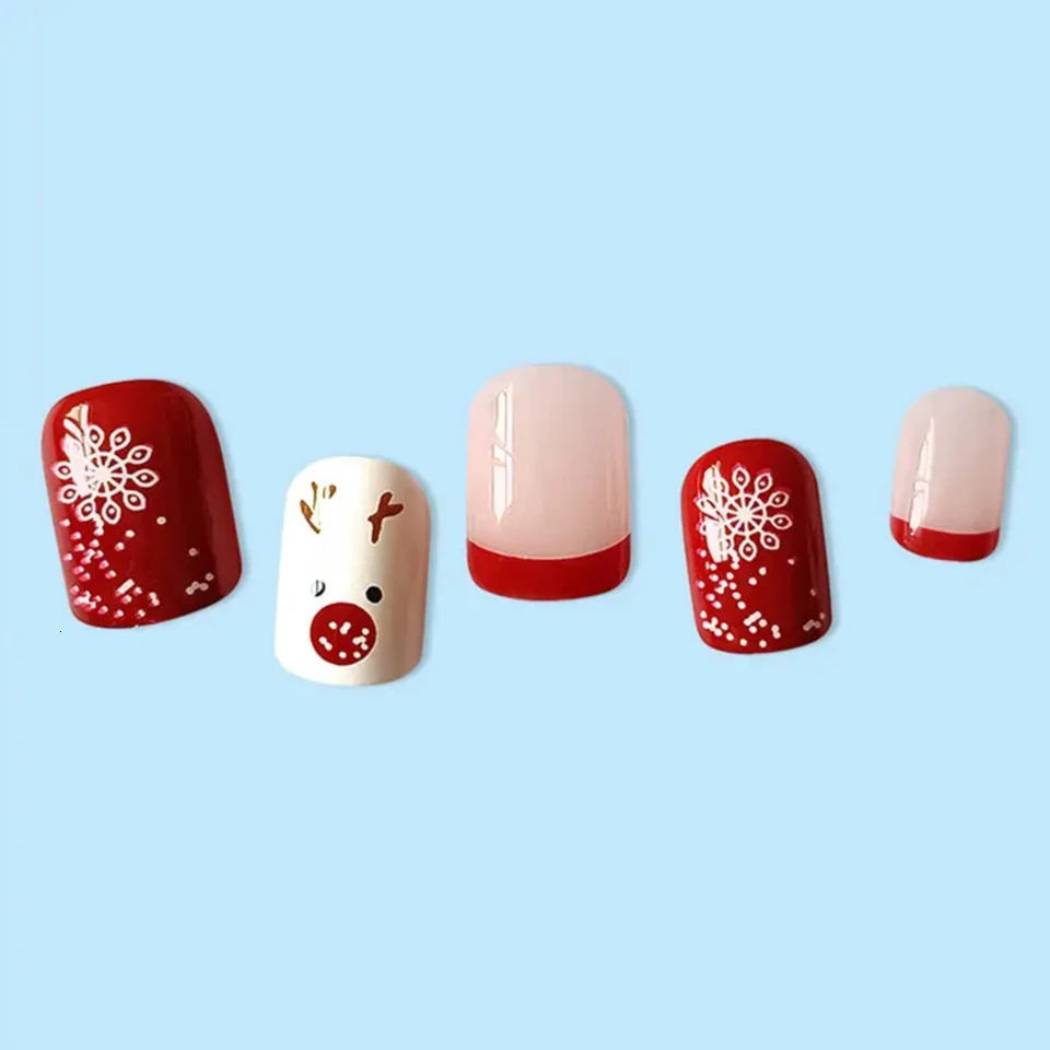 Christmas gel nail set with 24 cute snow deer false nails 241031