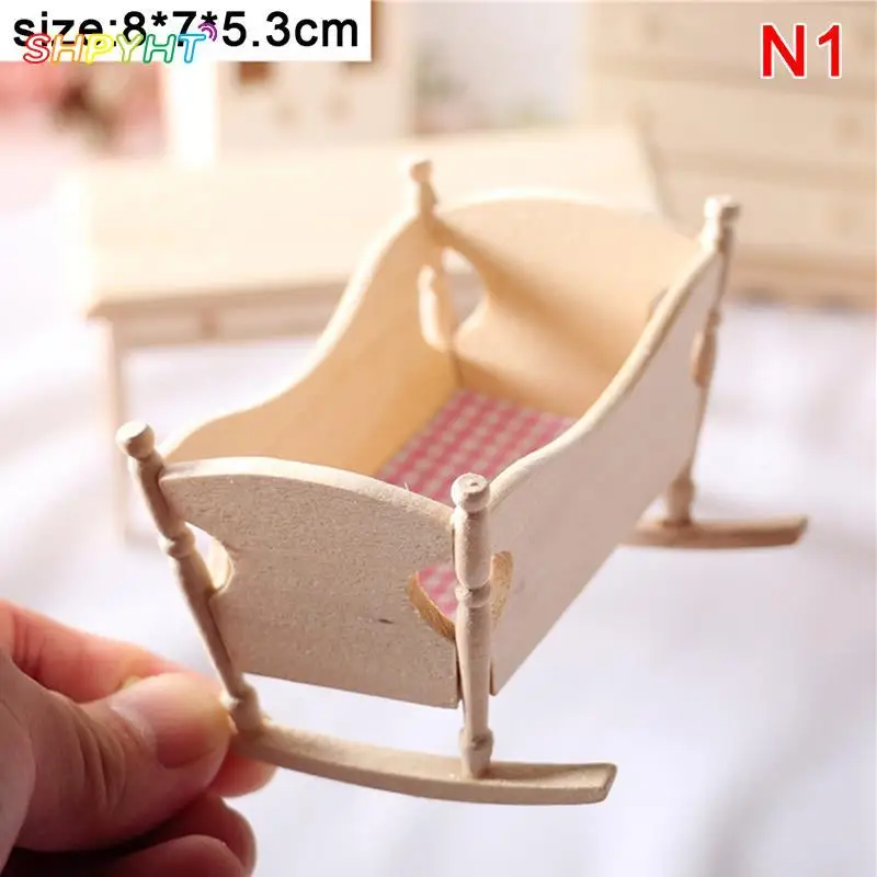 Dollhouse Miniature Wooden Nursery Cradle Baby Crib Cot Furniture Decorate Kids Doll House Accessory 5