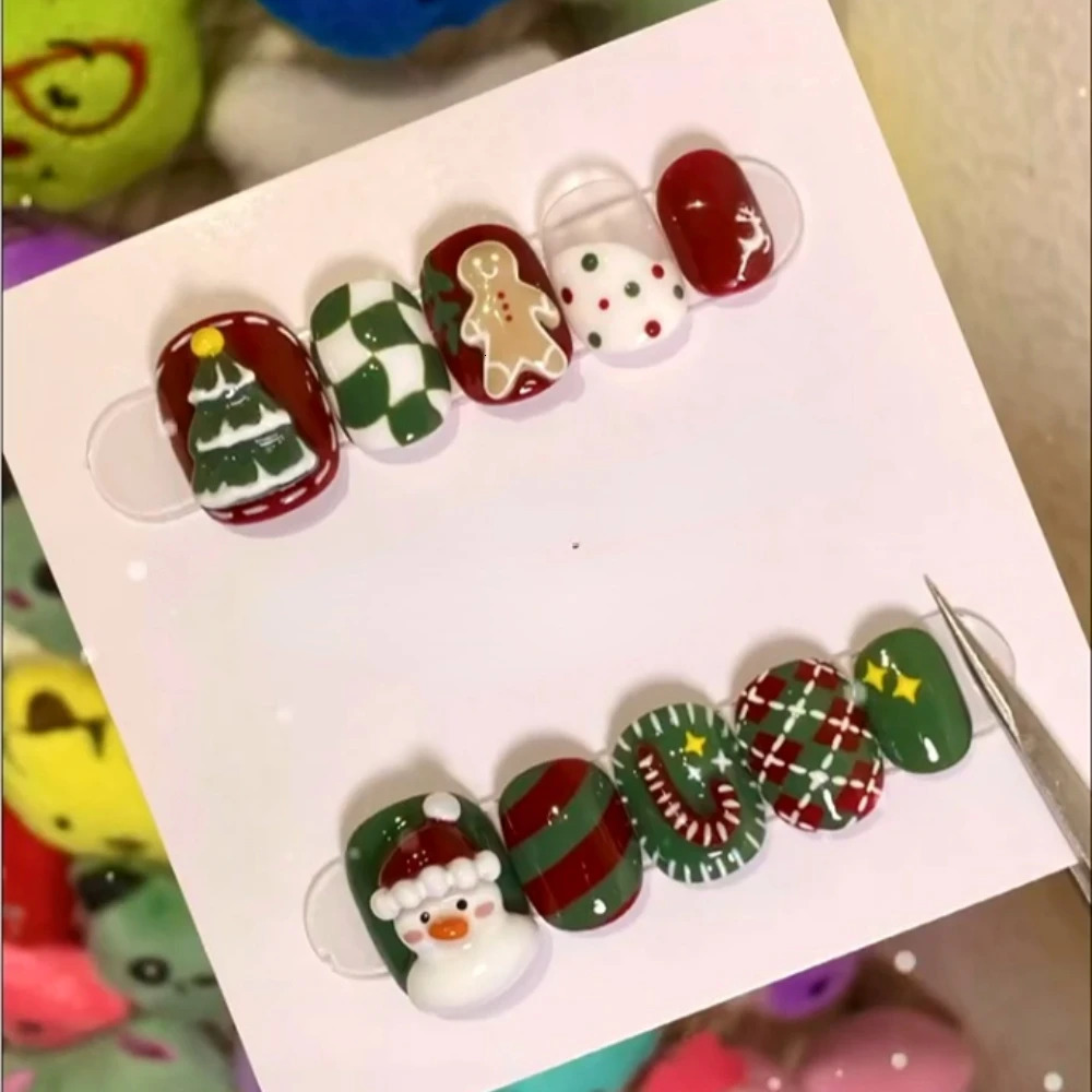 10 handmade pressed nails Christmas cute red gingerbread mens oval shaped fake nail n art female gift 241031