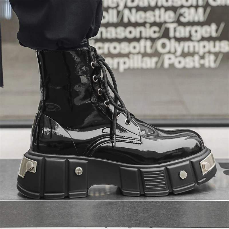 original high-quality street style black patent leather boots suitable for mens metal decorated high gain shoes 241031