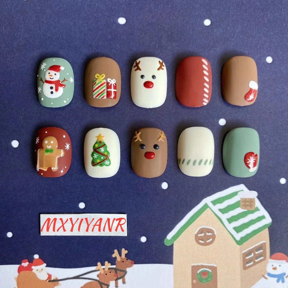 10 Handmade Pressing Nails Christmas and Year Nails Blue Cute 3D Square Limited Fake Nail n Art DIY Nail Set 241031