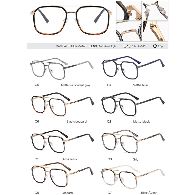 Retro Square Metal Big Frame Eyewear +1.75 Men Reading Glasses Stylish Designer Double Bridge Anti Blue Light Hyperopia Glasses
