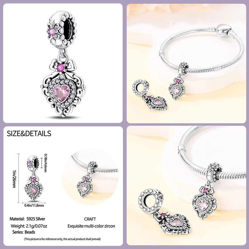 925 Sterling Silver Classic Purple Retro Heart Shape Lotus Angel Pattern Charms Beads Fit Pandora Original Bracelets DIY Jewelry